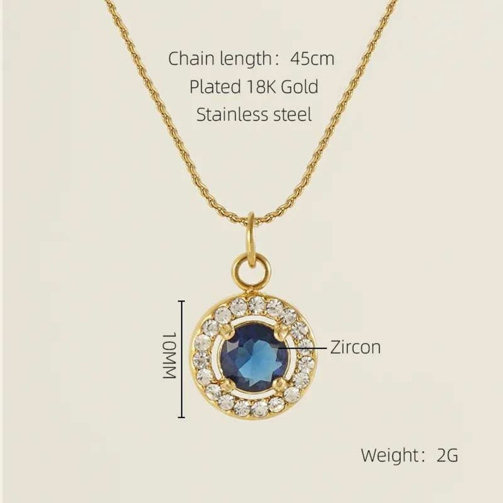 Pendant Necklace Women 45cm Gold Blue Zircon 18K Plated Halo Round